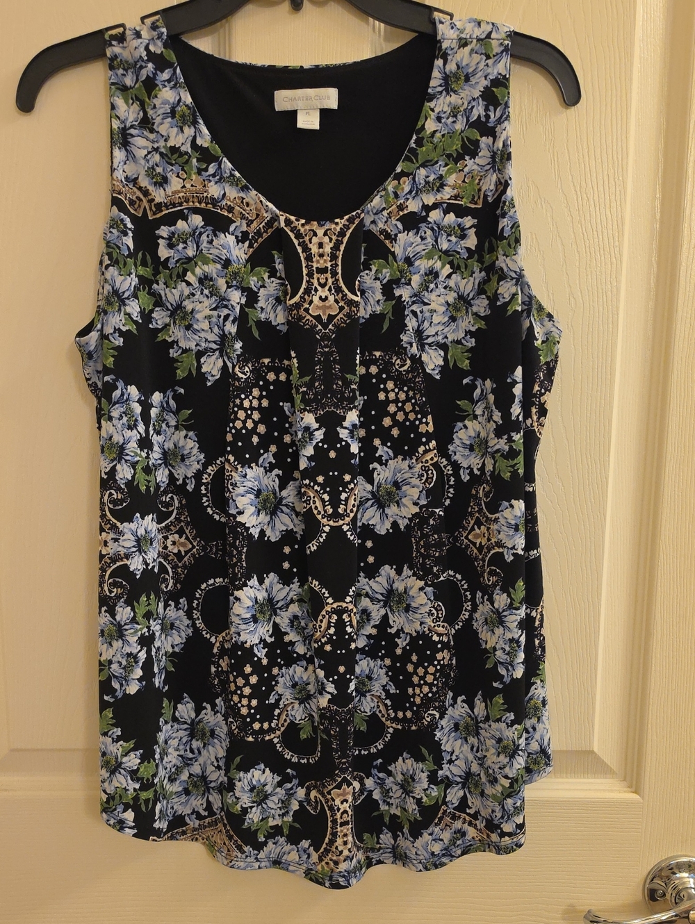 Charter Club Floral Sleeveless Tank Top - Black with Blue Floral